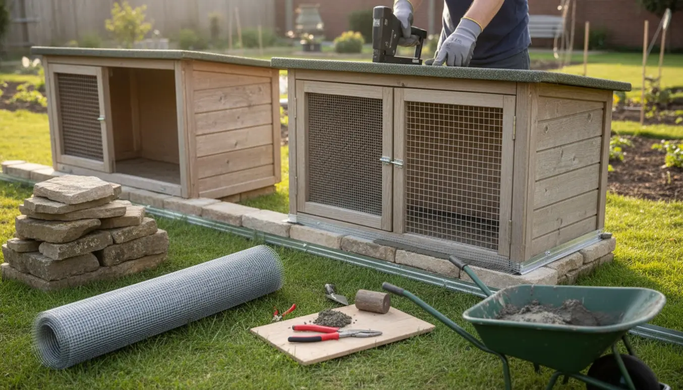 Hænder monterer rionet på et kaninbur ved en ombygget stensætning for at forhindre rotter.
