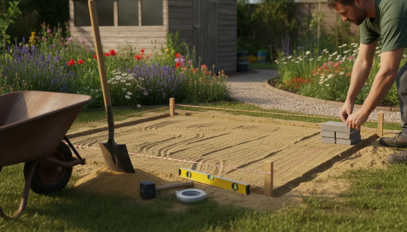 Forberedt kolonihaveplads til brolægning med en lille stak resterende fliser og værktøj.