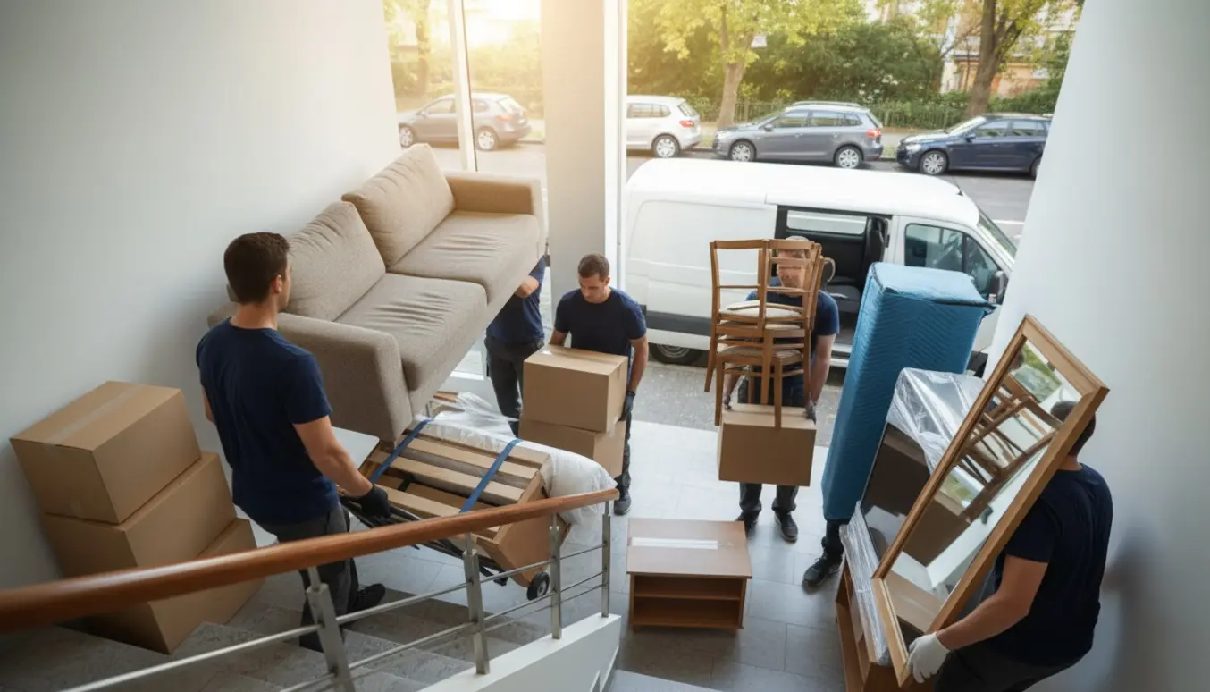 Flyttefolk bærer møbler ned ad trappen fra 2. sal til en åben varevogn.