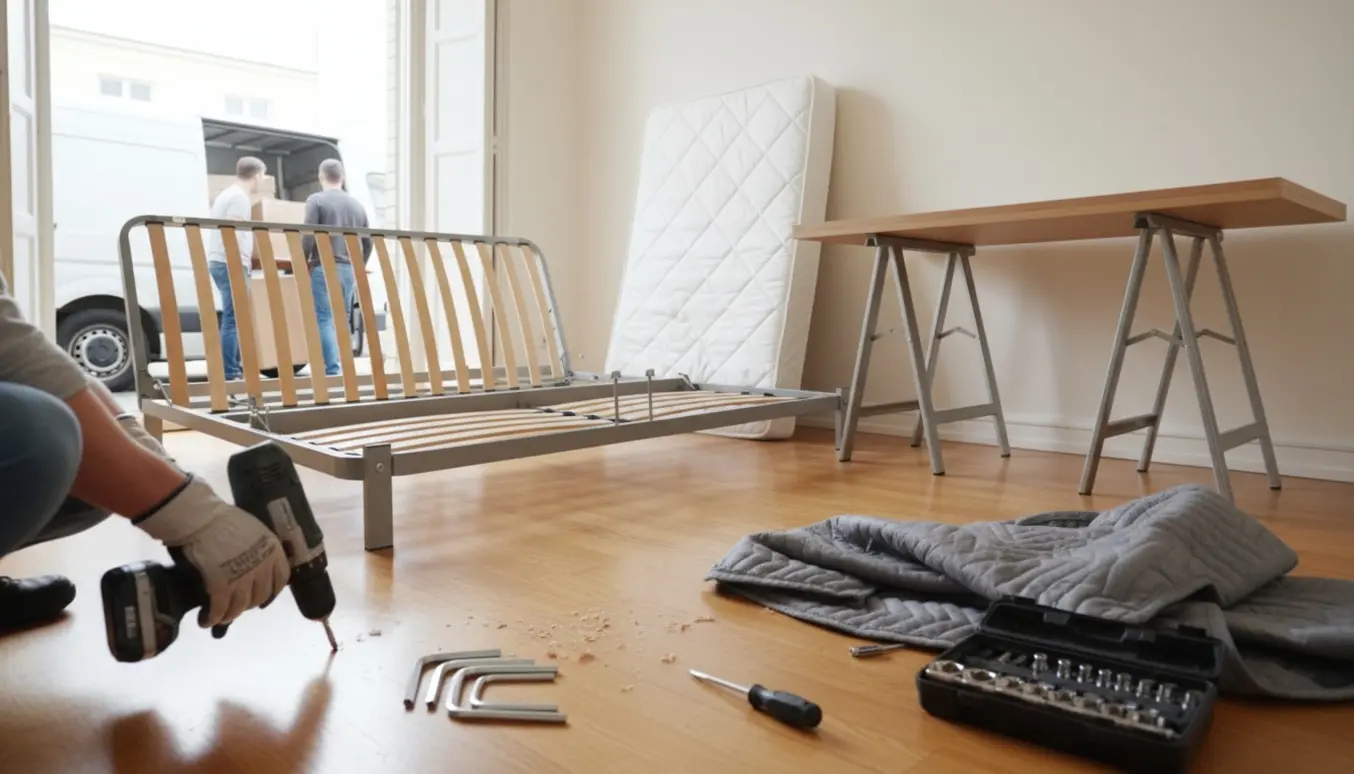 Delvist adskilt sengeramme, skrivebord og bordplade med værktøj klar til bortskaffelse.