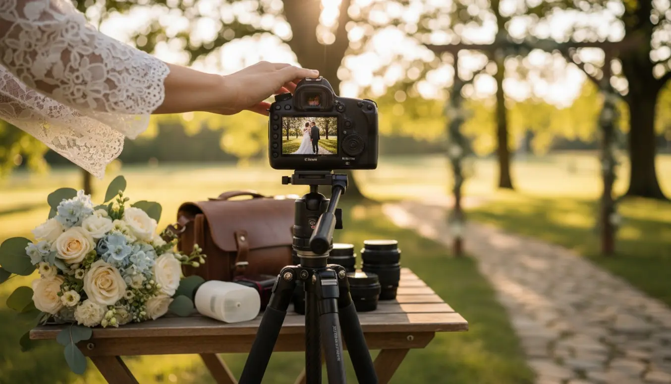 Bryllupsfotograf gør klar til at tage billeder ved en udendørs vielse i gyldent lys.