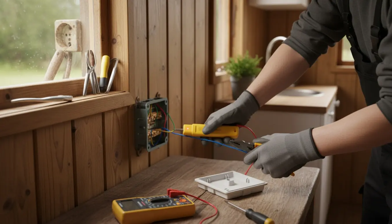 Isolerede hænder tester en åben stikkontakt i et lille træ-kolonihavehus.