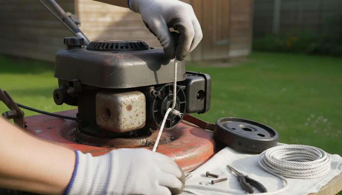 Nærbillede af hænder, der skifter startsnoren på en ældre benzindrevet plæneklipper.