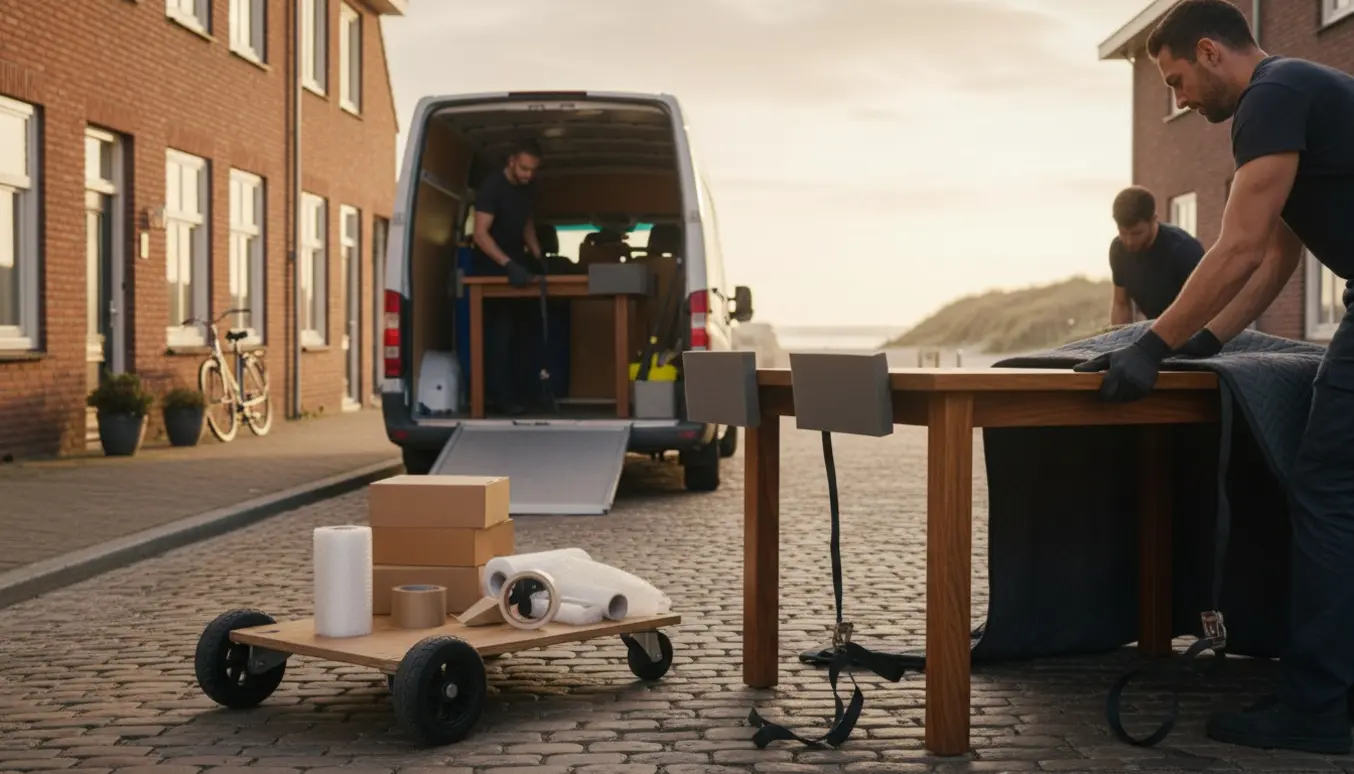 Hænder sikrer et træspisebord med flyttetæpper og stropper, klar til at blive læsset ind i en flyttebil.