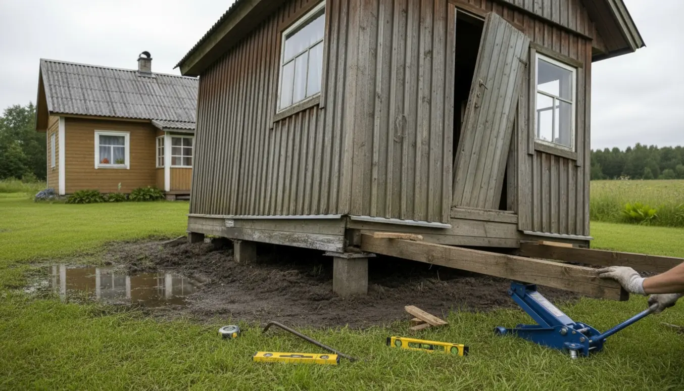Lille gæstehus hælder i den ene ende efter oversvømmelse, med skæve sokkelsten og værktøj i forgrunden.