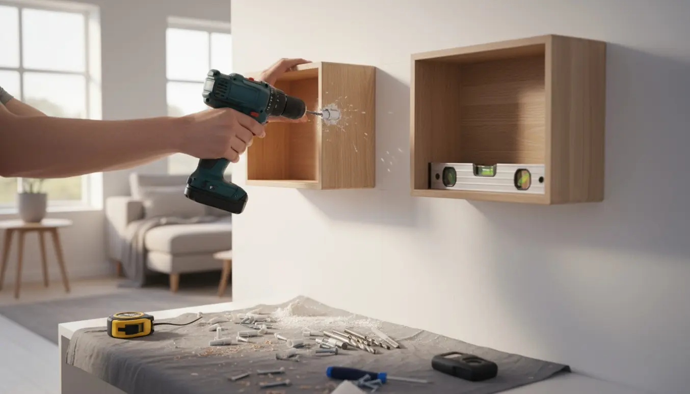 To små væghylder monteres sikkert på en hvid væg med rawlplugs og en boremaskine.