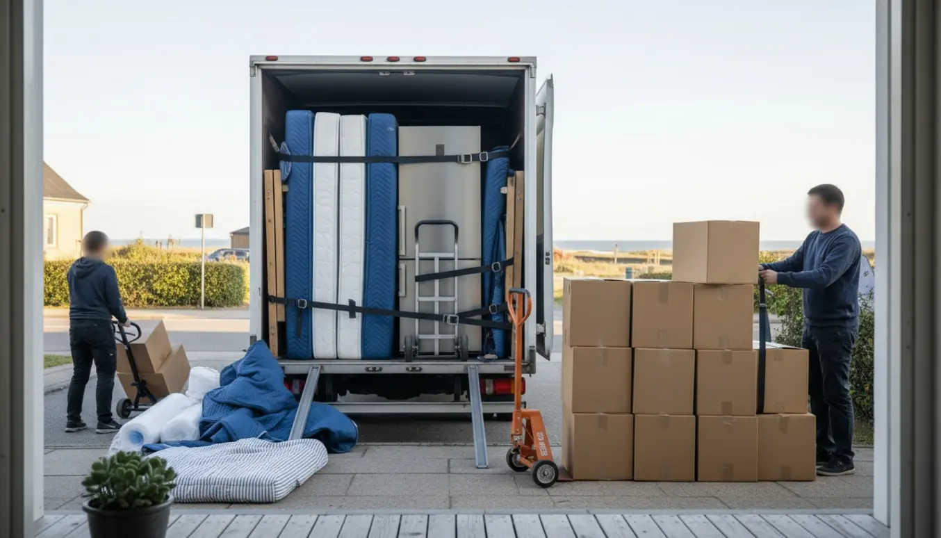 Flyttebil med to senge, et køleskab og stabler af flyttekasser foran et lyst parcelhus.