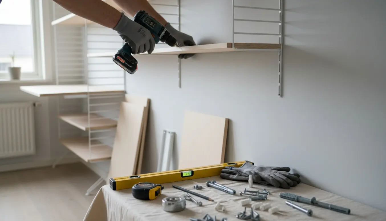 Nærbillede af hænder, der monterer en String-reol med skrivebord på en skillevæg, med bor, vaterpas og forskellige rawlplugs klar.