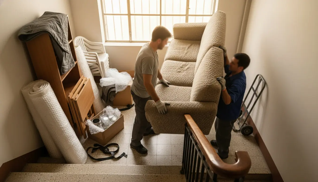 To mænd bærer en sofa op ad en smal trappeopgang med madrasser og møbler på reposen.