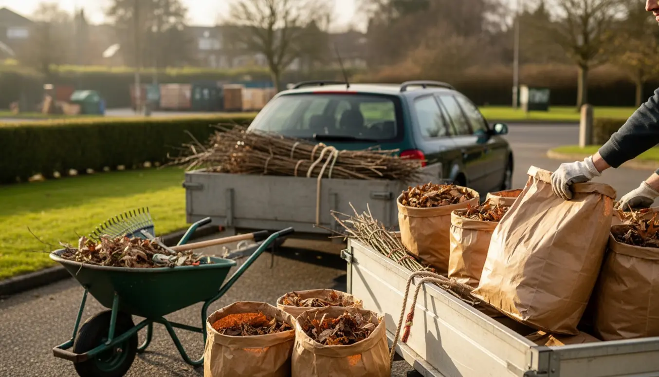 Snesevis af papirsække med haveaffald lastes på en trailer i en indkørsel klar til aflevering.