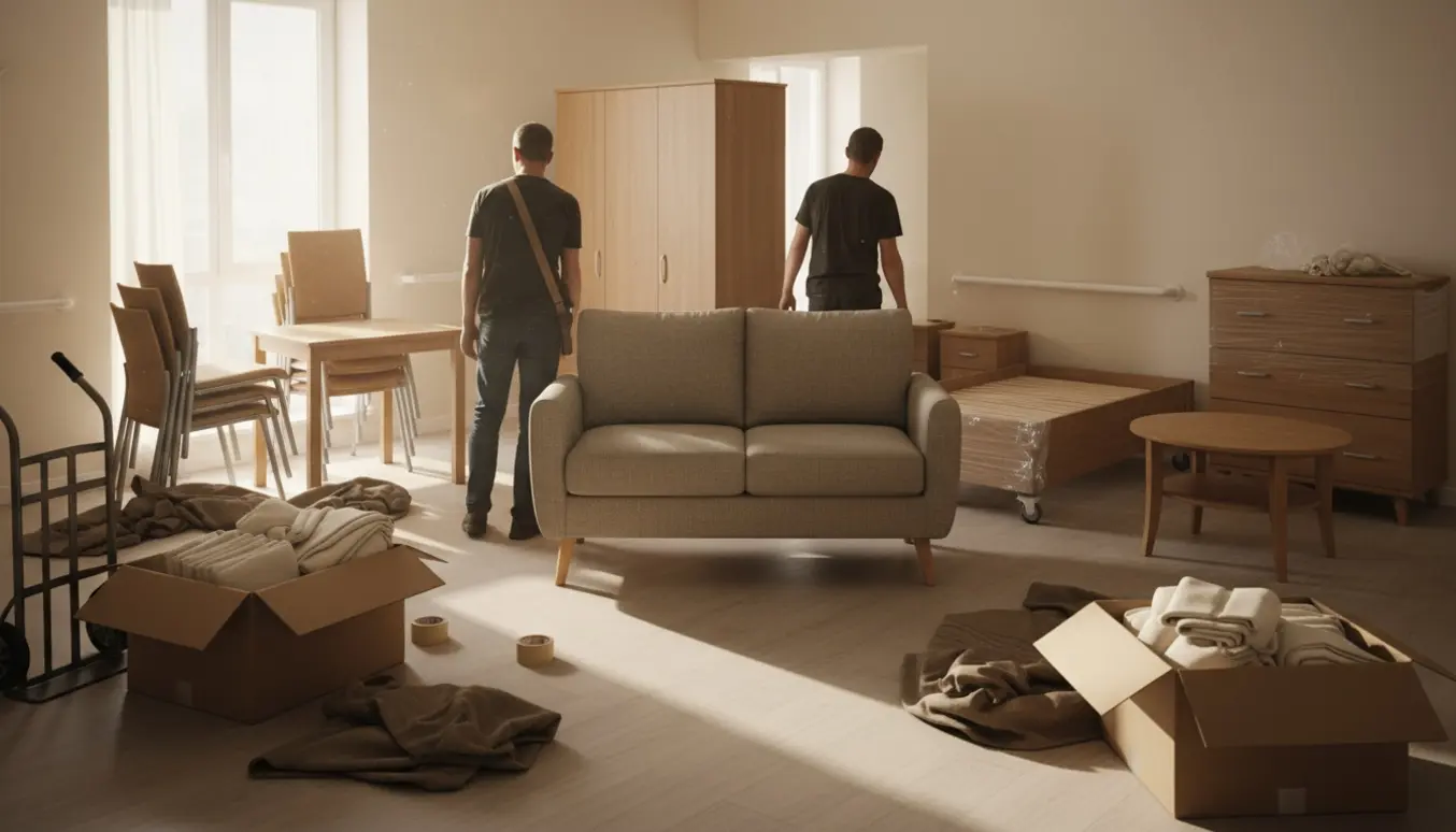 Flyttefolk placerer sofa, skab og flyttekasser i et lyst og indbydende plejeboligværelse.