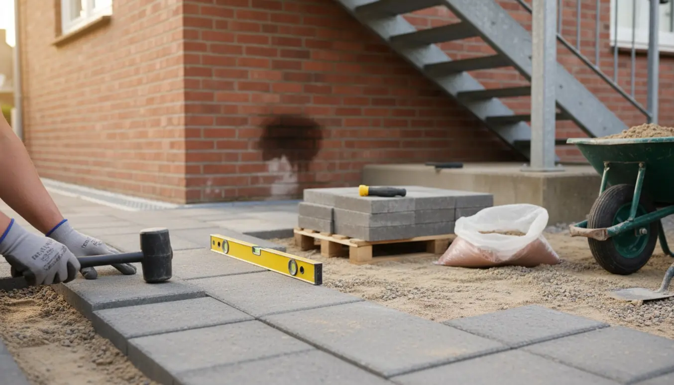 Nærbillede af lægning af fliser under en trappe med handsker, rive og stak fliser i forgrunden.