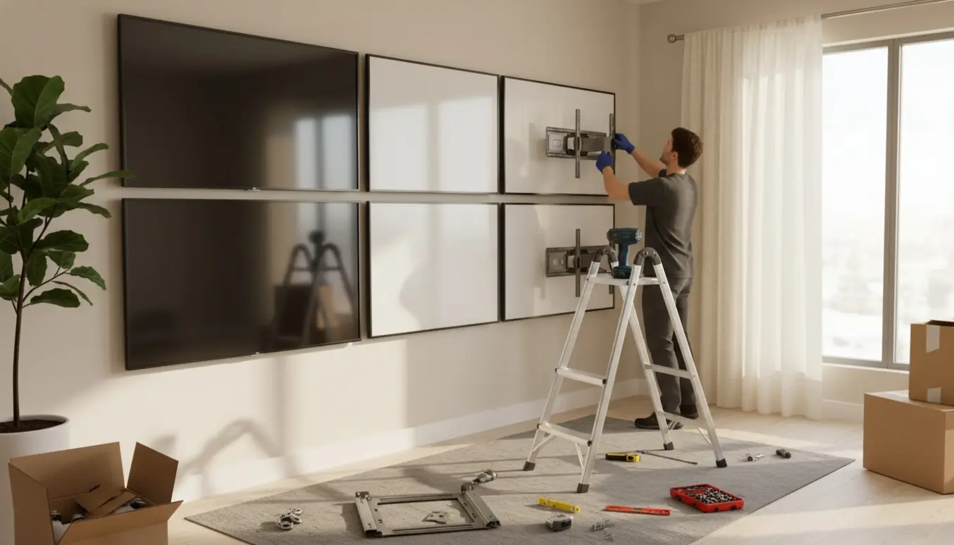 Nyt kontor under opsætning med vægmonterede tv-skærme, ophængte whiteboards og gardiner ved vinduet.