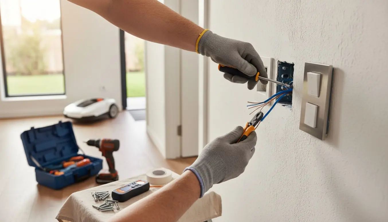 Nærbillede af hænder, der monterer kontakter og en lysbryder på en hvid væg med værktøj og en robotplæneklipper sløret i baggrunden.