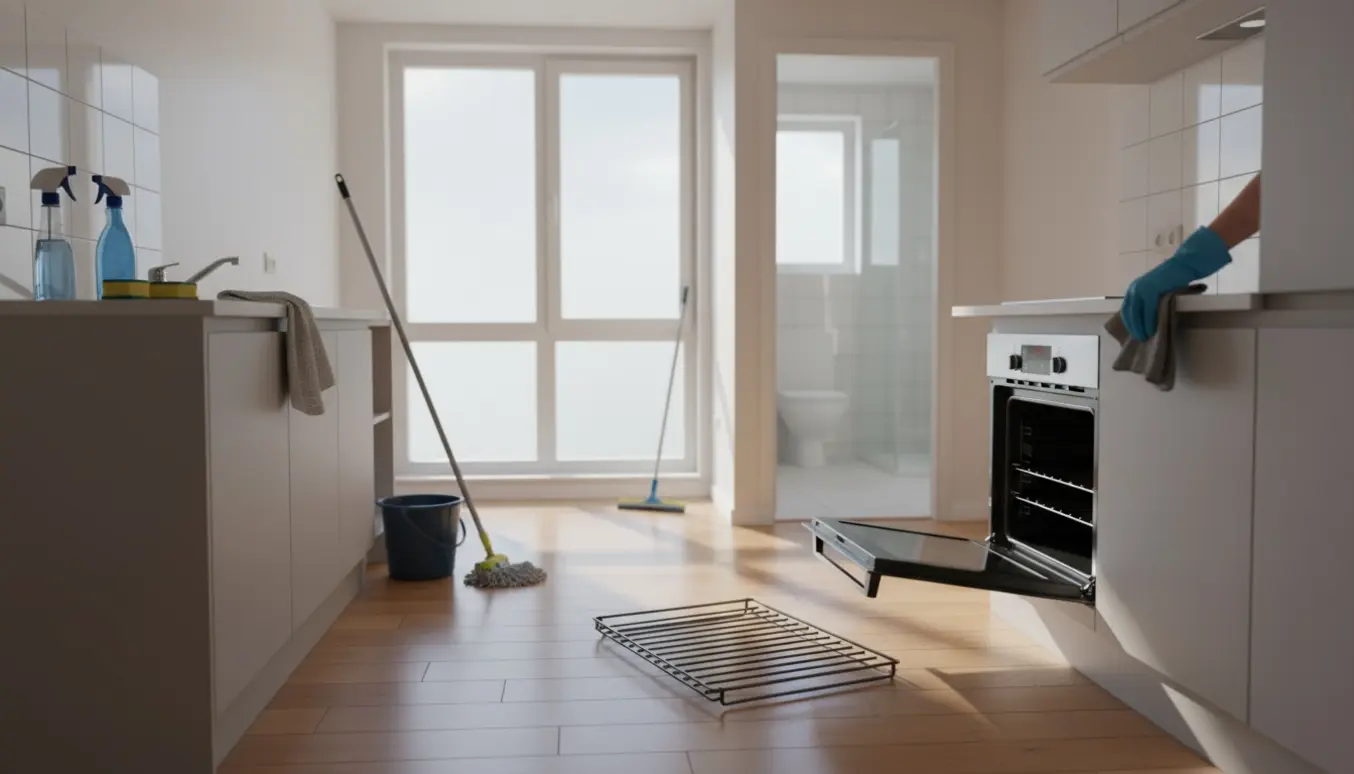 Solbelyst tom lejlighed under fraflytningsrengøring med åben ovn, moppe og rengøringsmidler.