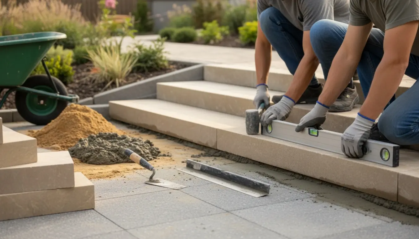 Hænder justerer tre udendørs trappetrin og placerer nye kantsten på en stenet sti.