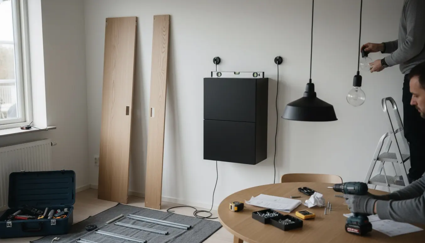 Hænder monterer et adskilt Pax‑style garderobeskab, vægmonteret sort sorteringsskab og to pendellamper over et bord.