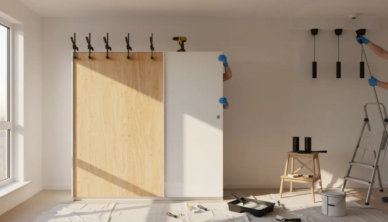 Soloplyst lejlighed med småreparationer: montering af lamper, loftmaling og bagbeklædning til et Ikea-skab.