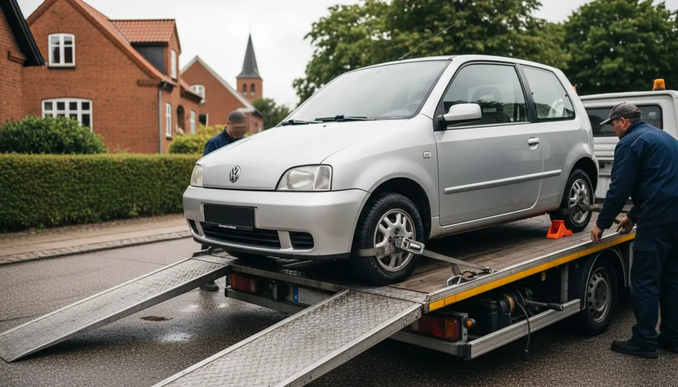 En lille sølv hatchback læsses på en fladvogn på en rolig gade i Holstebro.