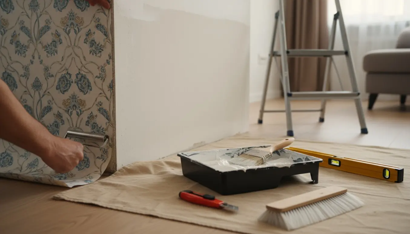 Hænder opsætter tapet i et lille hjørne på en gipsvæg med tapetværktøj ved siden af.