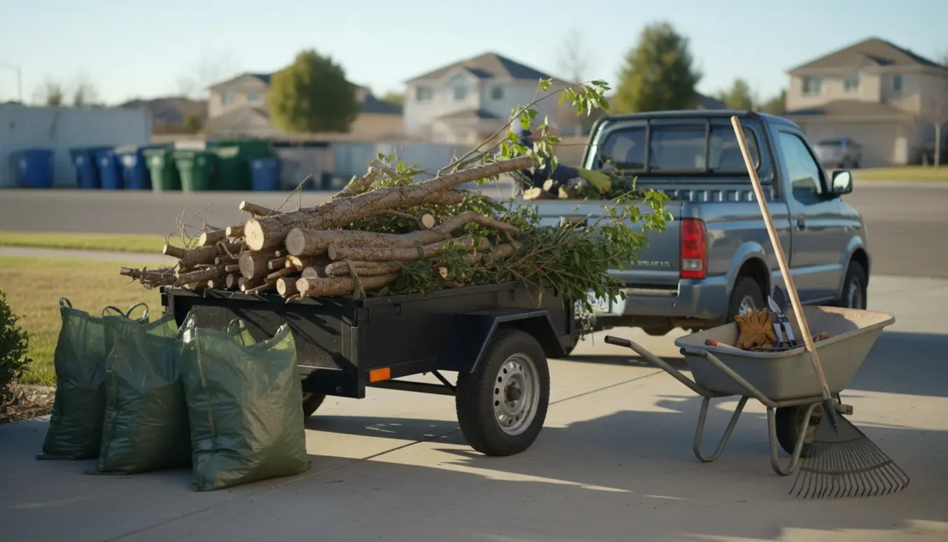 Trailer og fyldte haveaffaldsposer på indkørsel klar til kørslen til genbrugsstationen.