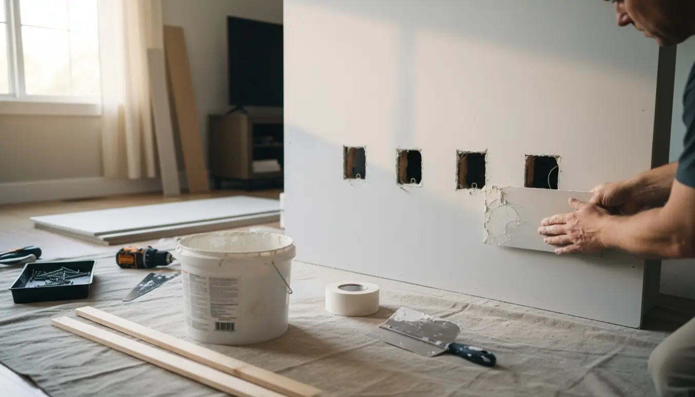 Hænder reparerer fire forkerte huller i en gipsvæg med gipsplade, spartel, skruer og sav.