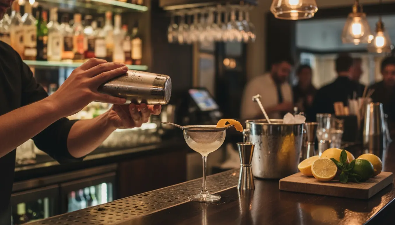 Nærbillede af bartenders hænder, der tilbereder en cocktail på en veludstyret bar i hyggelig aftenstemning.