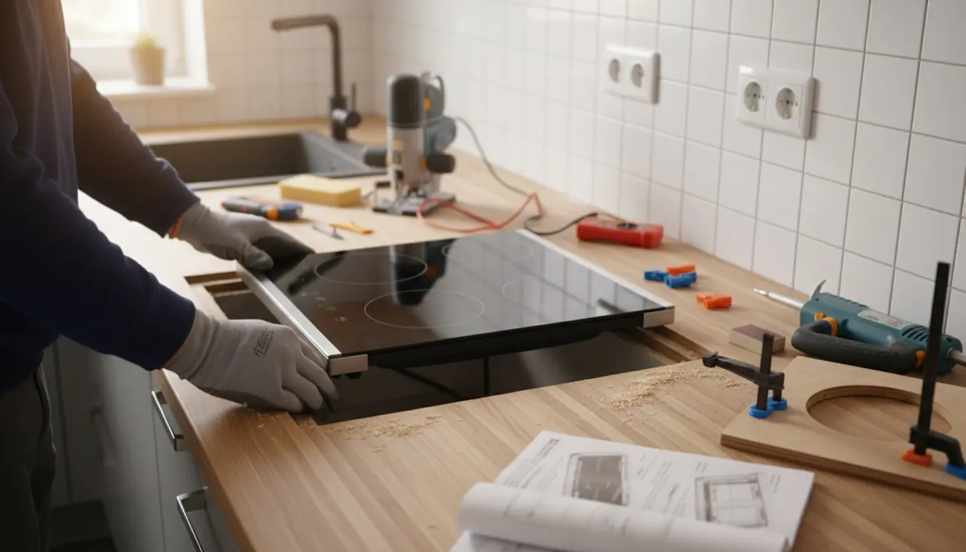 Montering af keramisk kogeplade i et udskåret træbord med værktøj og fugepistol ved siden af.