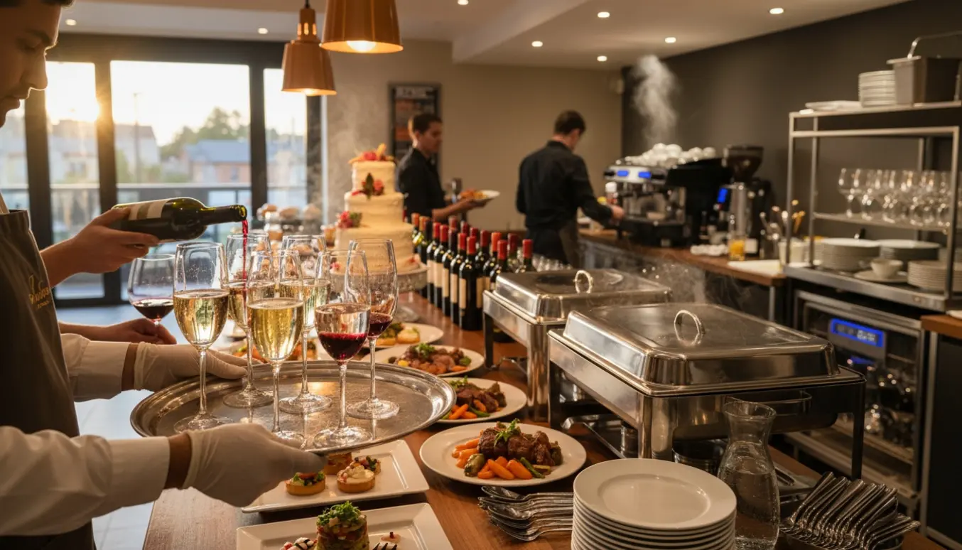 Serveringspersoner anretter velkomstglas ved buffet med vin, kage, kaffe og opvask i baggrunden.
