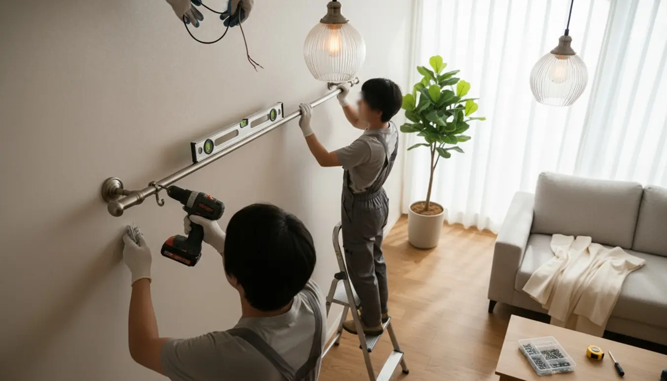 Hænder monterer en gardinstang og opsætter en lampe i en lys stue, ansigter er ikke synlige.