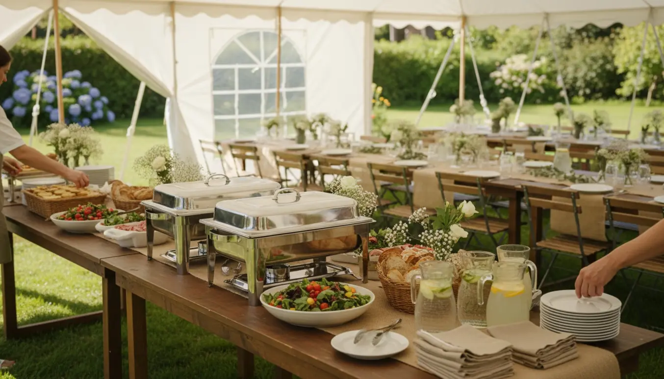 Havefest i en have med opstillet hvidt telt, borde, stole og en indbydende buffet.