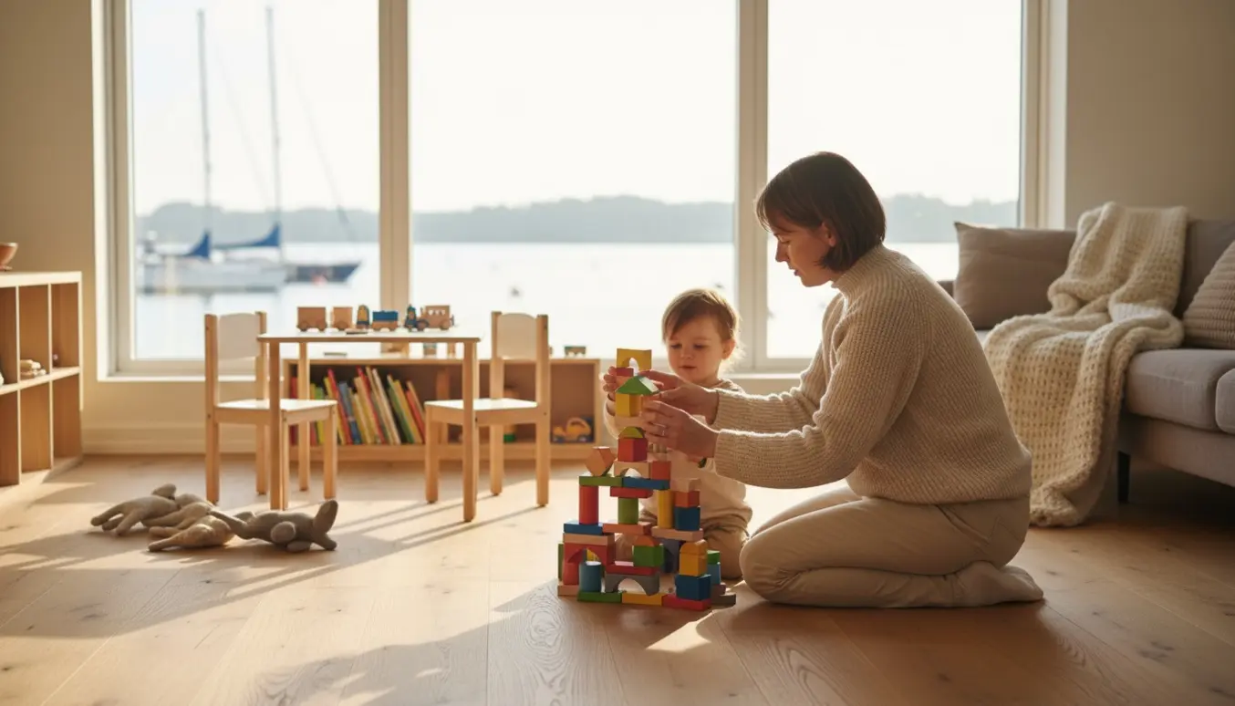 En voksen bygger klodsetårn sammen med en 4-årig i et lyst, hyggeligt hjem med udsigt til havet.