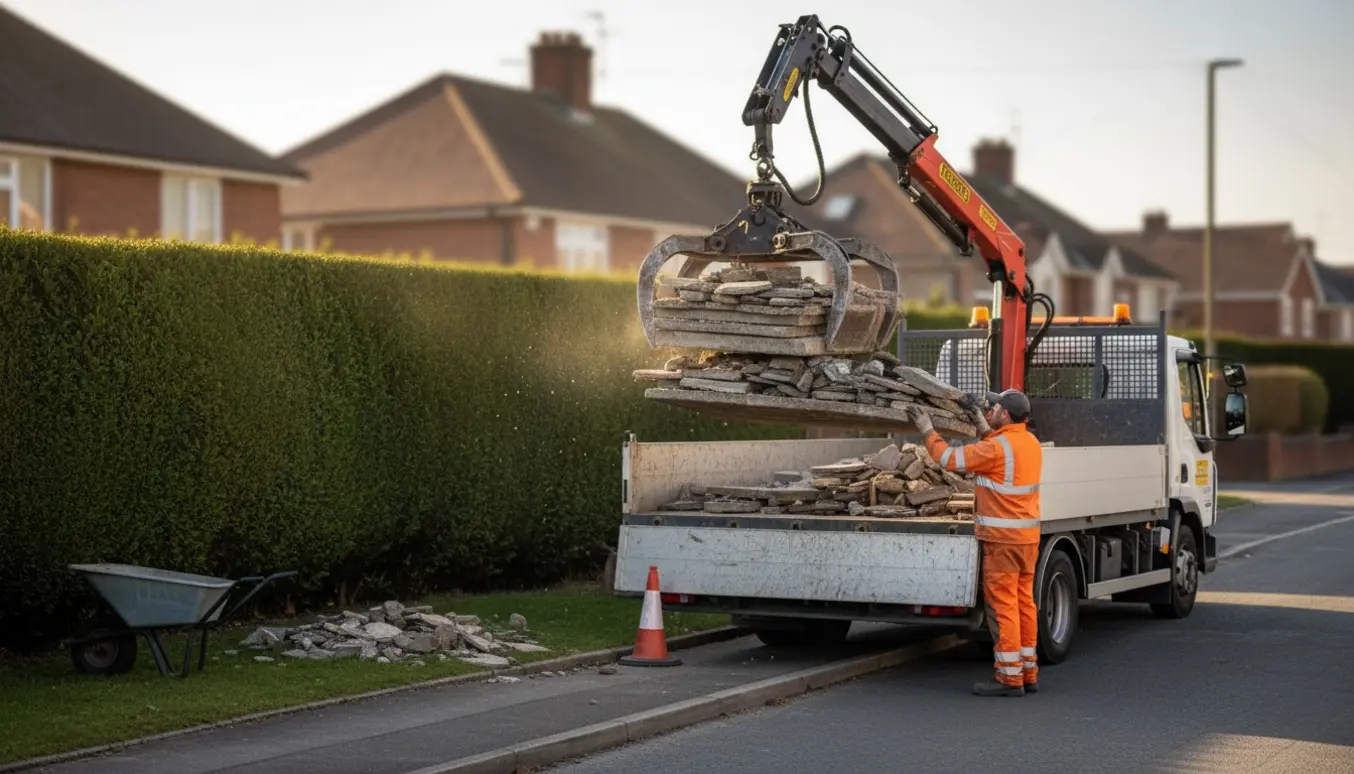 En grabklo løfter en stor bunke betonsten over en 2,5 m hæk ved vejkanten klar til afhentning.
