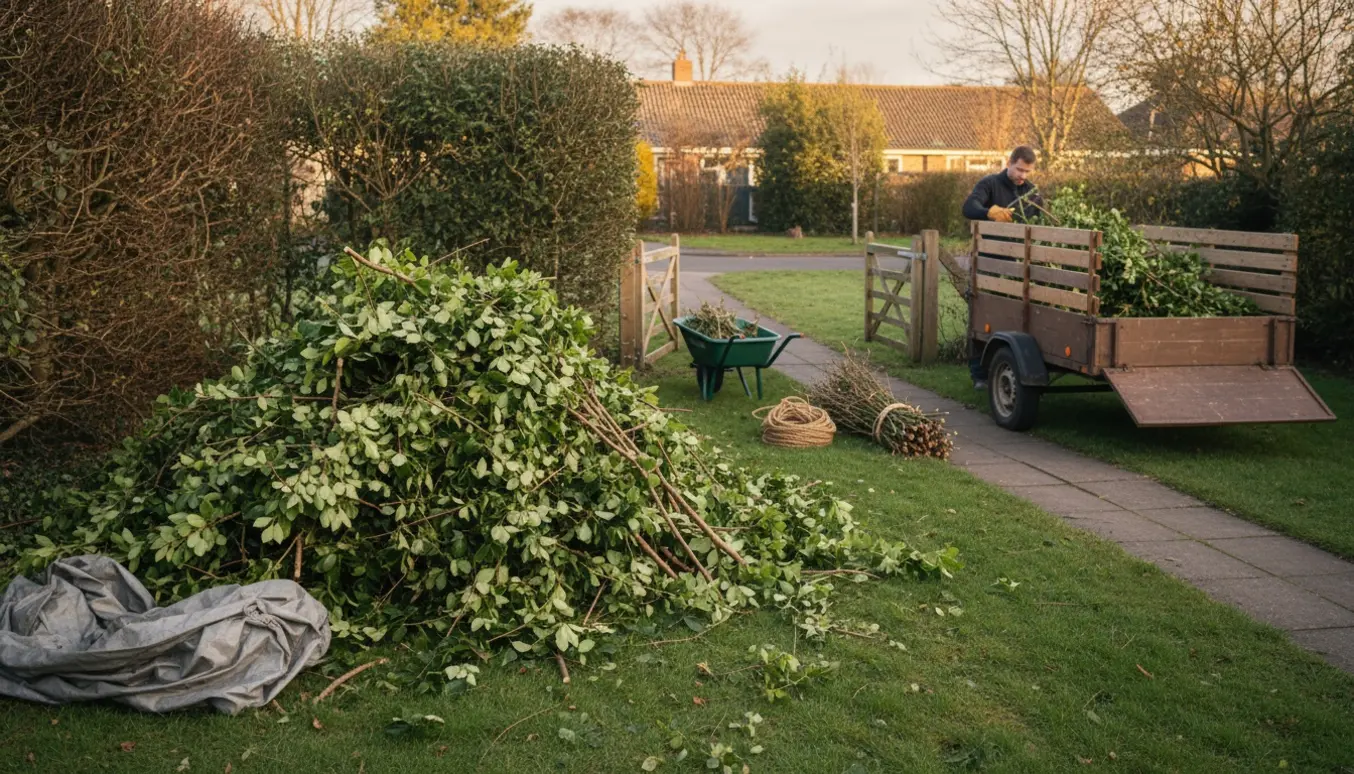 Bunke beskårede bøgehækgrene i baghaven og en trailer i forhaven klar til kørsel til genbrugsstationen.
