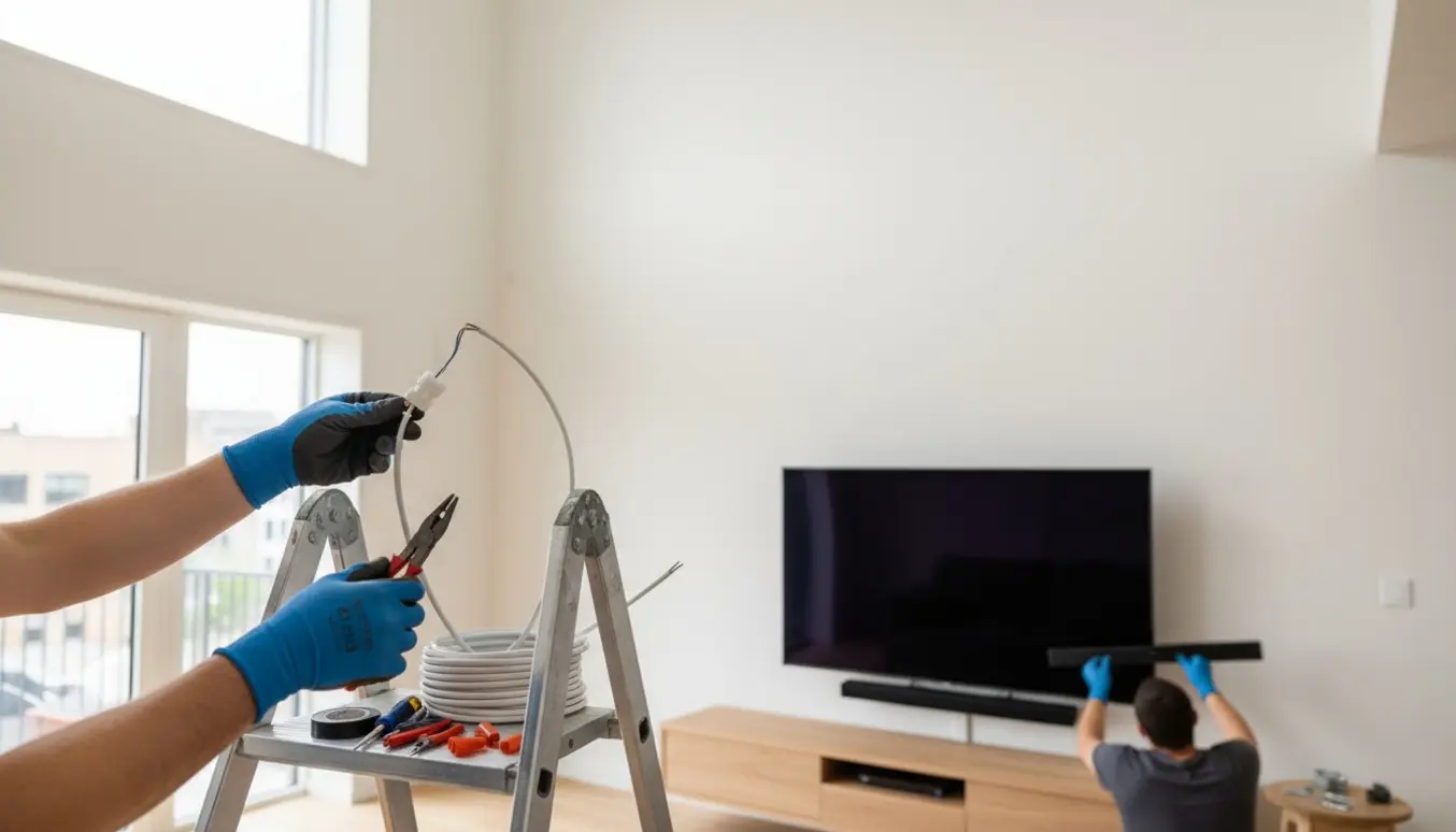 Tekniker på stige forbinder loftlampe med forlænget ledning og monterer soundbarbeslag under en vægmonteret Samsung-tv.