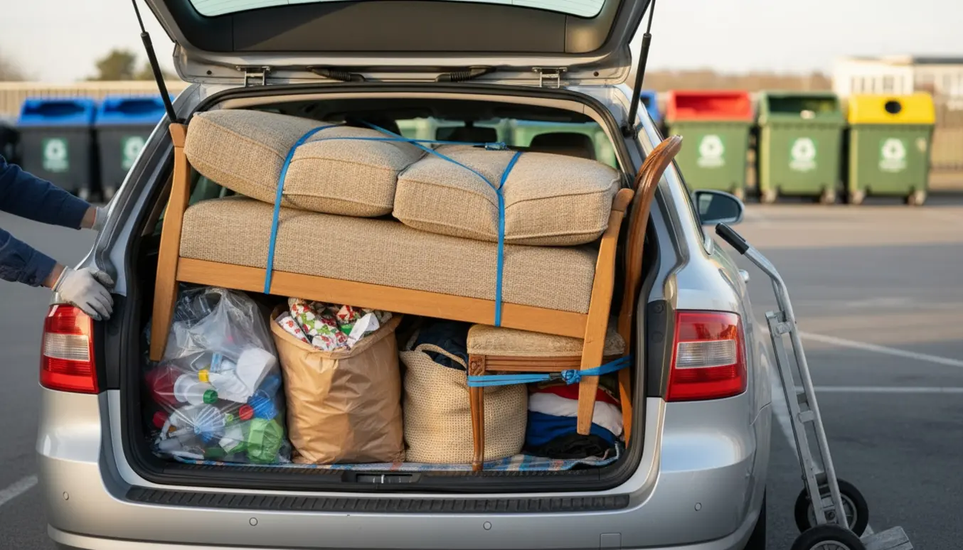 Åben stationcar fyldt med sofa, puder, stole og sække klar til aflevering på genbrugspladsen.
