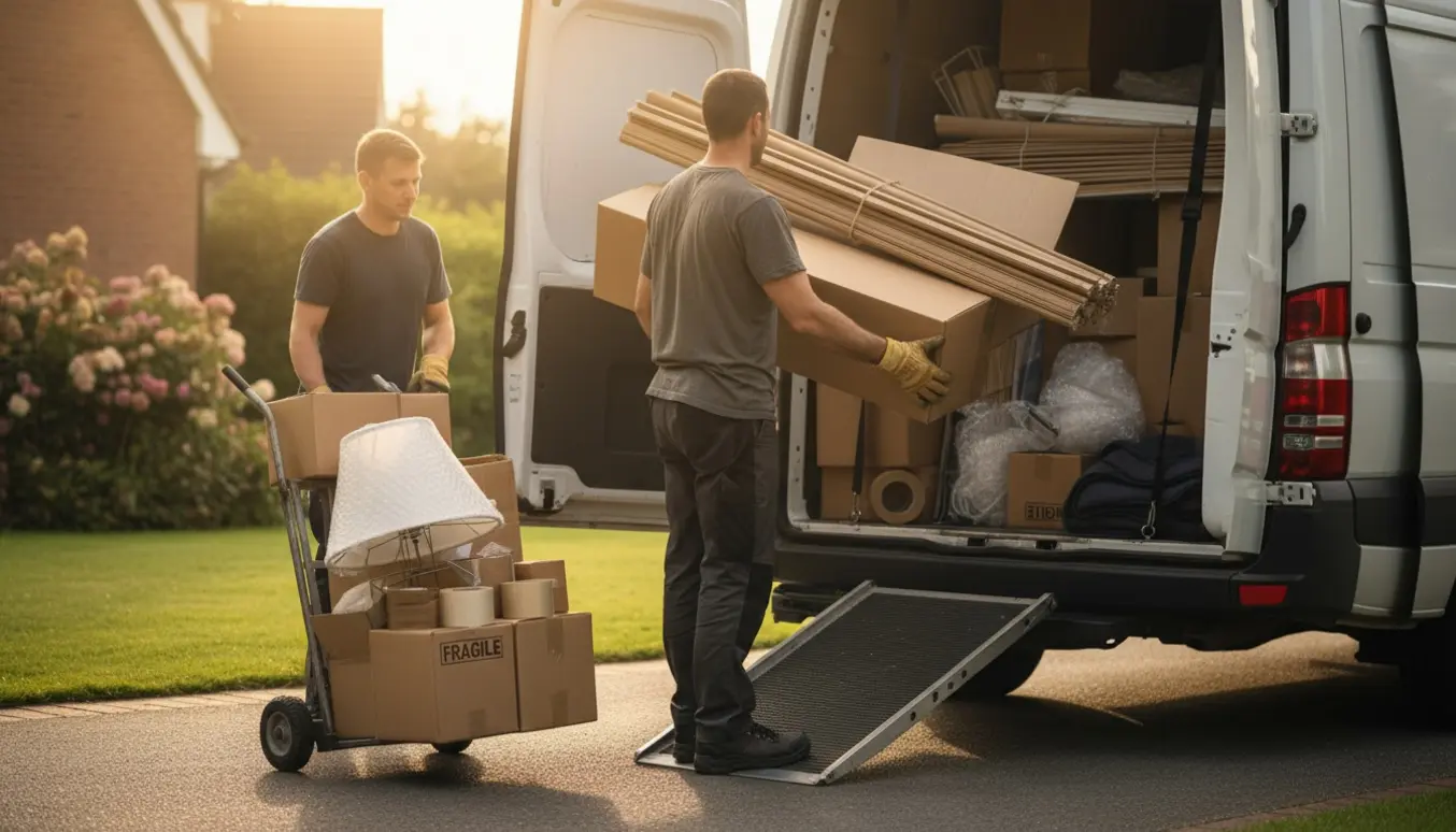 Flyttefolk læsser pap og rullegardiner ind i en varevogn på indkørslen.