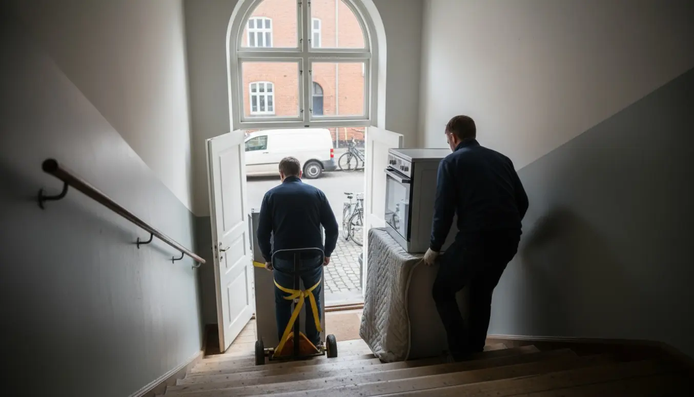 To flytter bærer køle/fryseskab, 45 cm opvaskemaskine og komfur ned ad en trappe ved en lejlighed i Valby.