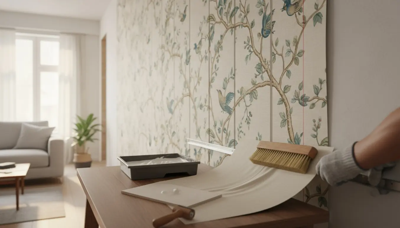 Nærbillede af opsætning af dekorativt tapet i en stue, hvor hænder glatter panelet med tapetbørste og skærestøtte.