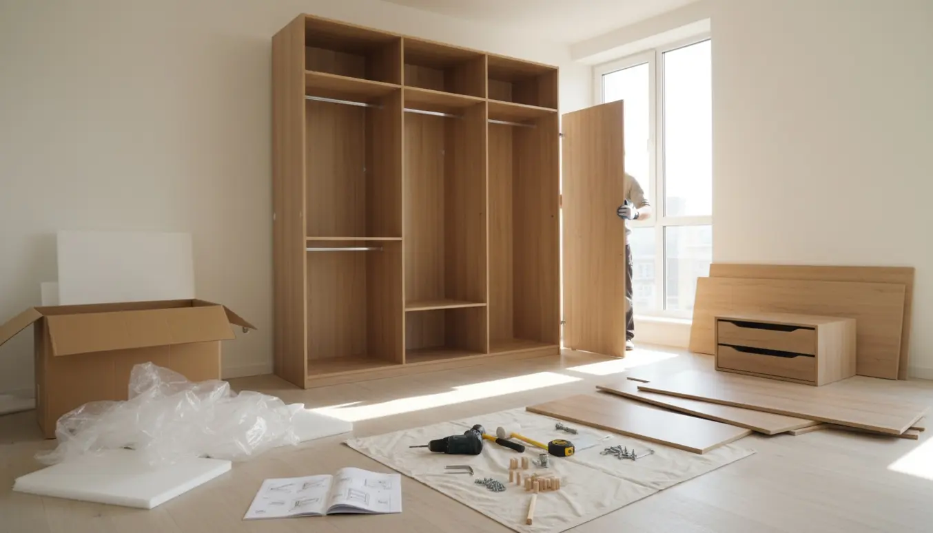Halvfærdigt stort fladpakket klædeskab uden låger i en lys, tom lejlighed med værktøj og emballage.