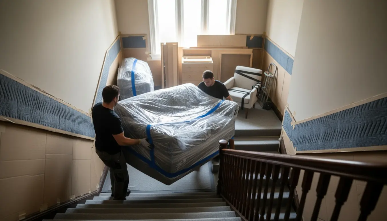 To personer bærer en indpakket sofa ned ad en smal opgang med vægge beskyttet af flytteplader og tæpper.