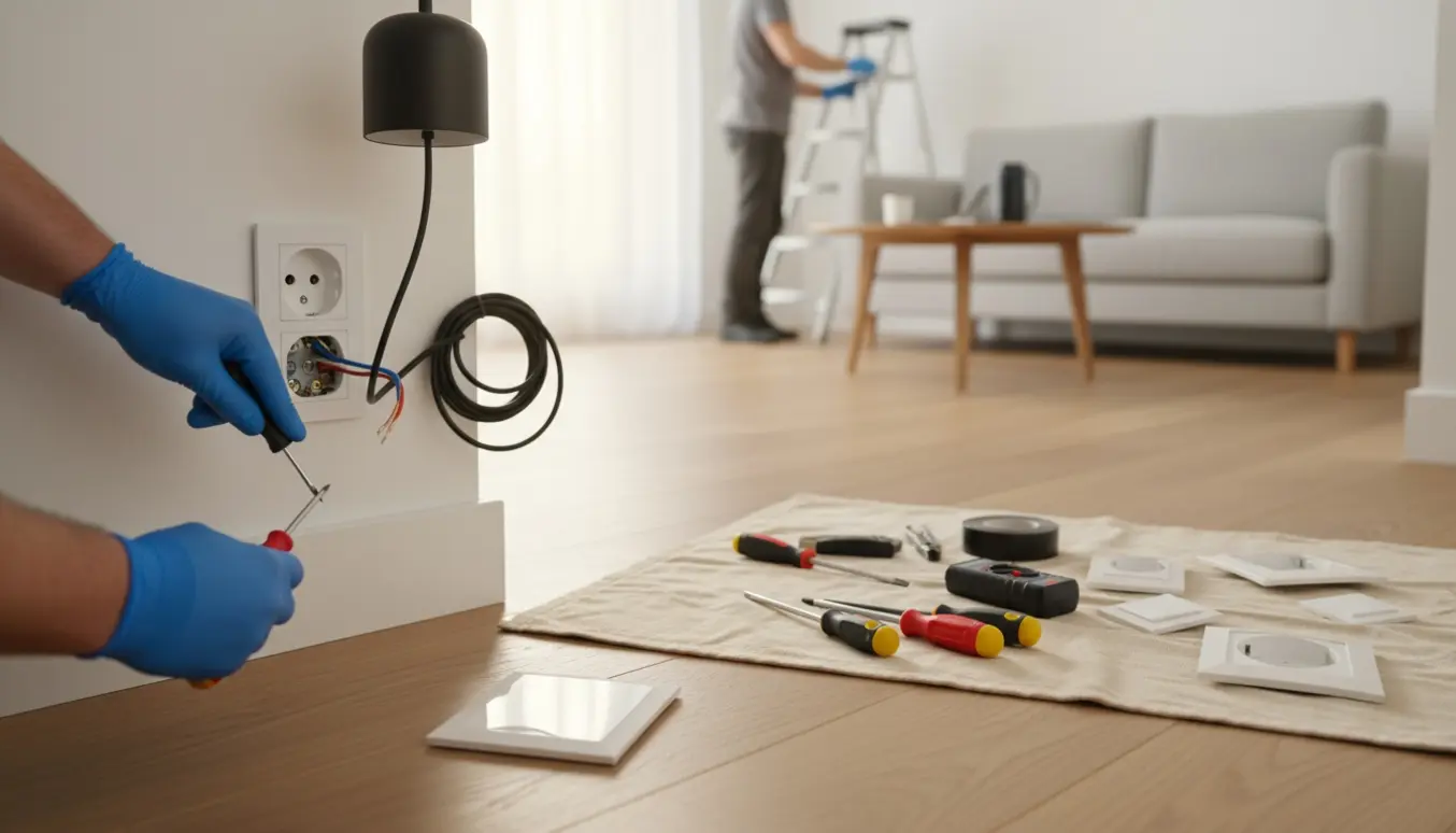 Nærbillede af elektrikerhænder, der monterer nye stikkontakter og en loftslampe i en nyrenoveret lejlighed.