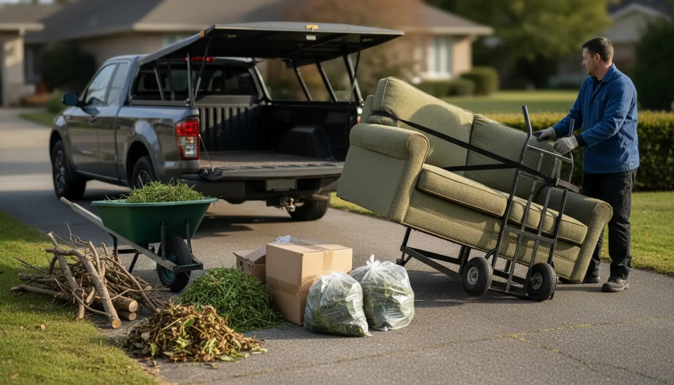 Gammel sofa på pallevogn ved indkørsel med bunker af grene, blade, pap og sække klar til afhentning.