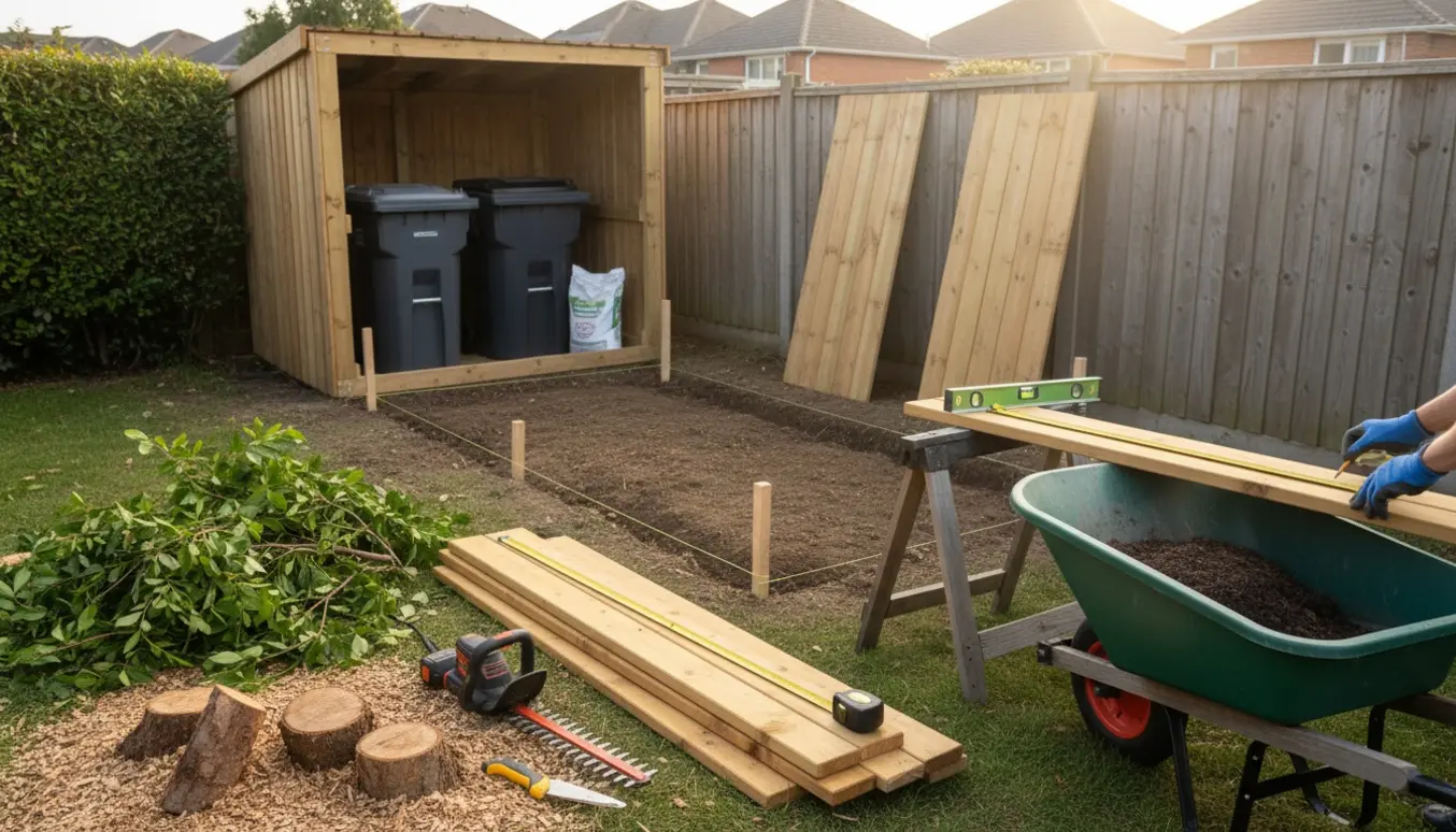 Udvidelse af skraldeskur i baghaven med fjernet hæk, træplanker og værktøj.