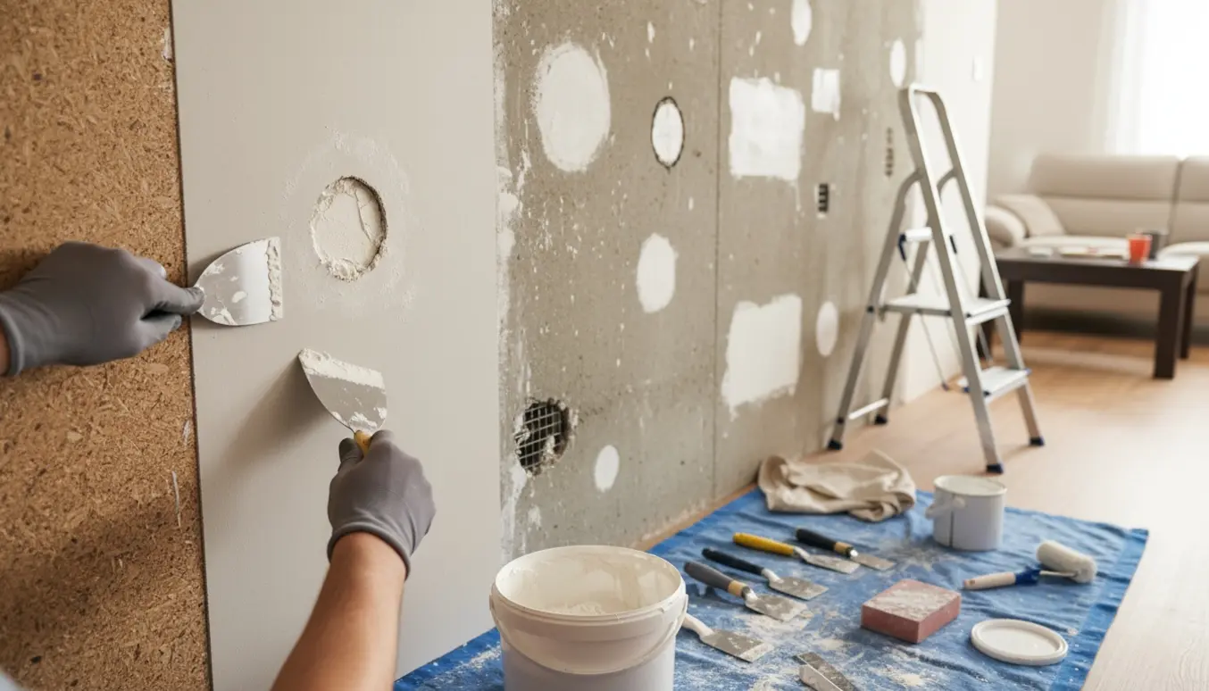 Nærbillede af hænder, der spartler huller i en stuevæg med værktøj og reparerede pletter i baggrunden.