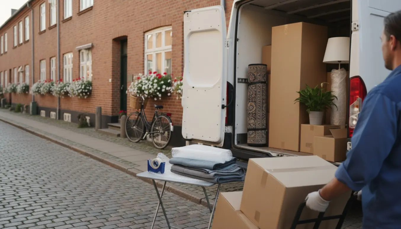 Flyttebil med stablede kasser og en flyttemand set bagfra foran en dansk byhusfacade.