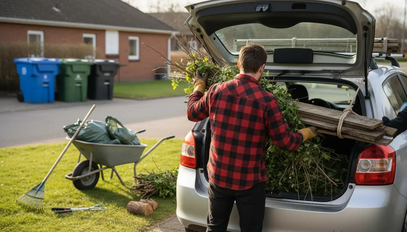 Person læsser haveaffald og brædder ind i en bil ved en genbrugsplads uden at vise ansigtet.