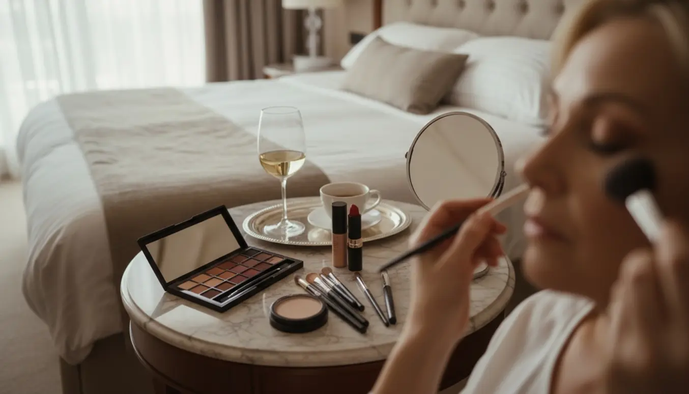 Moden kvinde får brun smokey-eyemakeup i et elegant hotelværelse med vin på natbordet.