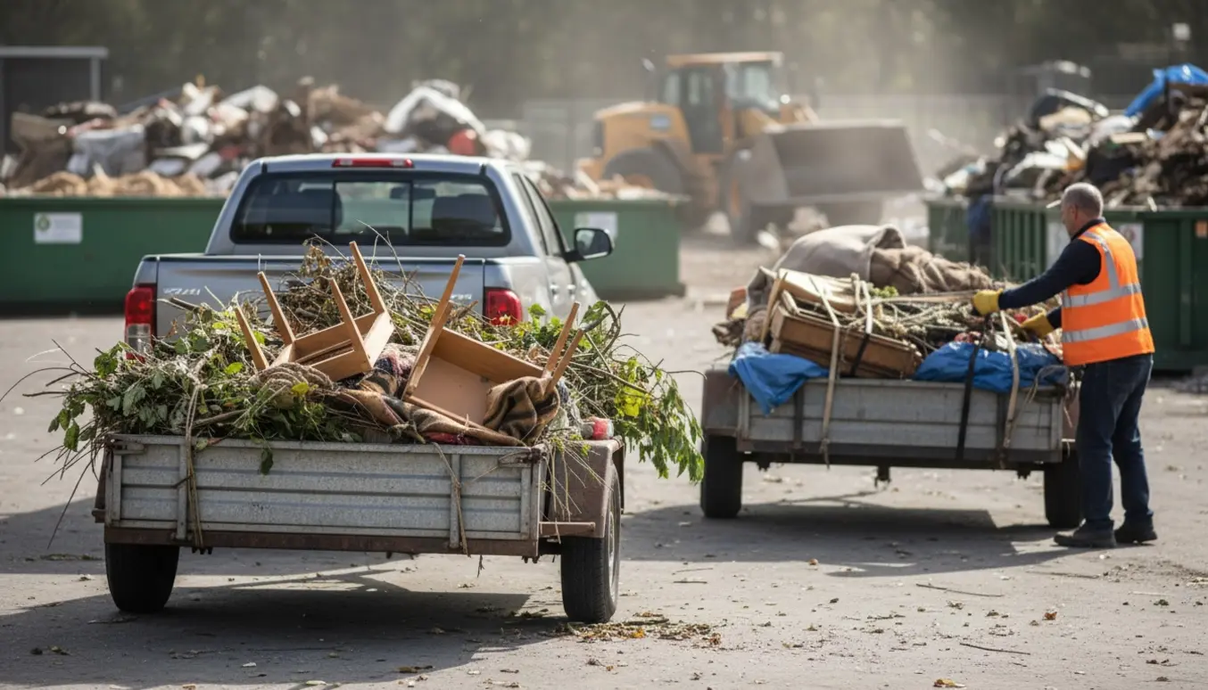 To tilhængere fulde af have- og husholdningsaffald aflæsses på en genbrugsplads uden tydelige ansigter.