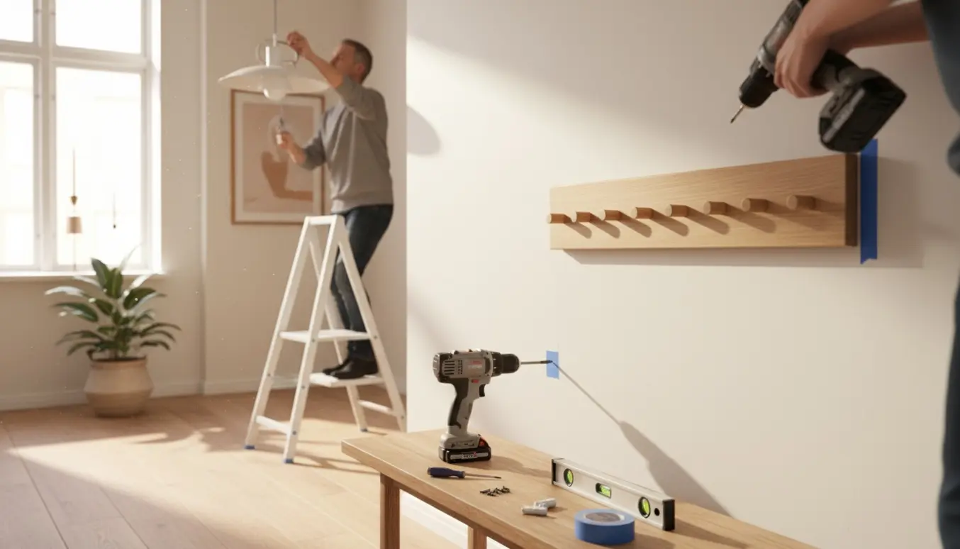 Installering af loftlampe og montering af træknagerække i en lys entré med værktøj på en skammel.